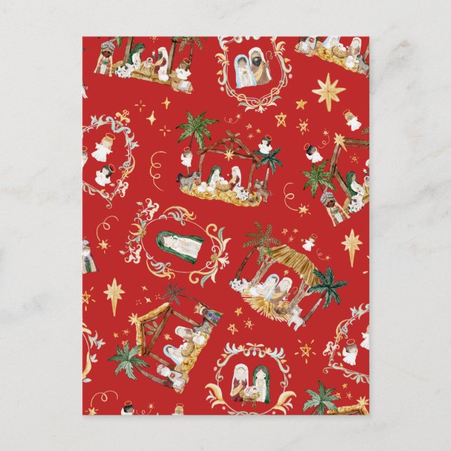 Christliche Weihnachtsgebirgskrippe Rot Postkarte (Vorderseite)