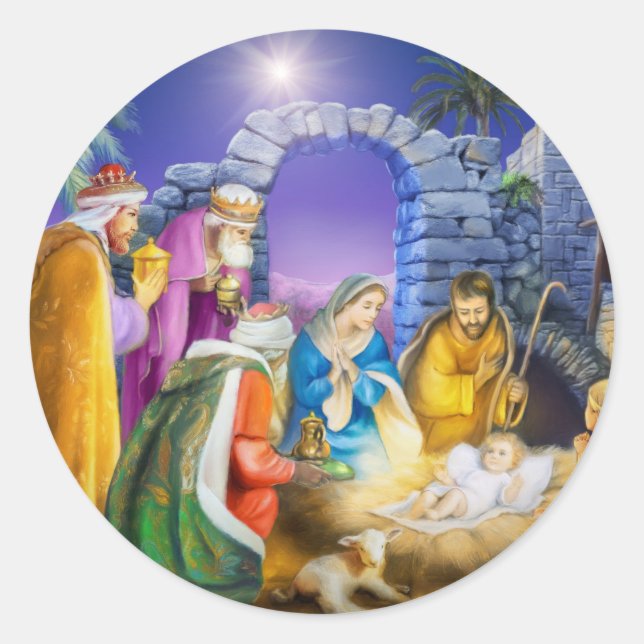 Christliche Weihnachtskarte Runder Aufkleber (Vorderseite)