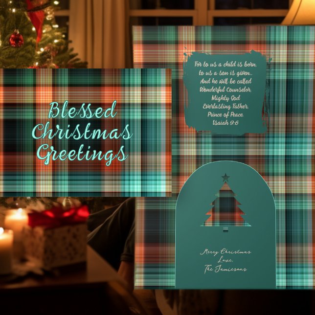 Christliche Weihnachtsschrift Kariertes Design Feiertagskarte (Von Creator hochgeladen)