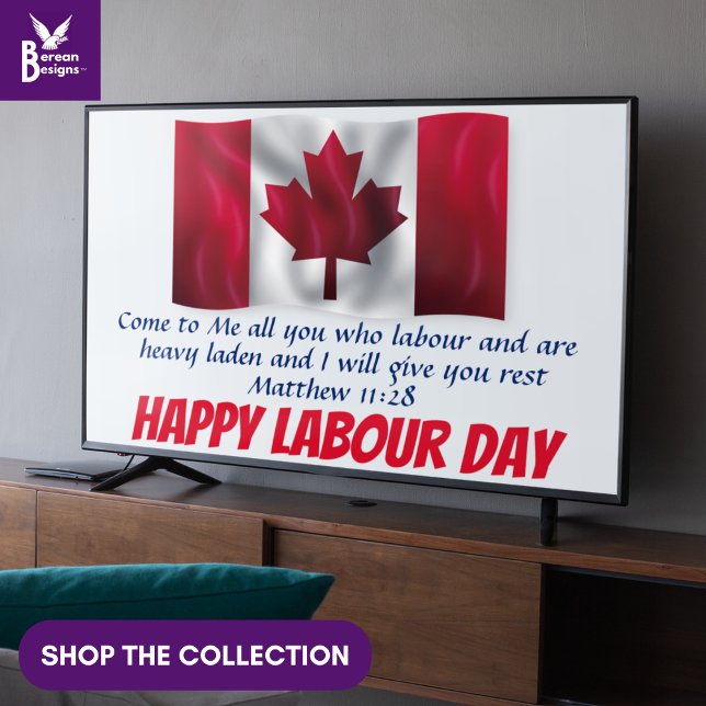 Christlicher Arbeitstag in Kanada Poster (Christian Bible verse from Matthew 11:28 for Canada Labour Day. Wall art for TV display. Canada flag)
