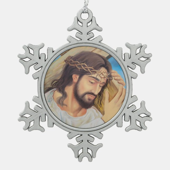 Christlicher Glaube Jesus Christus Schneeflocken Zinn-Ornament (Vorderseite)