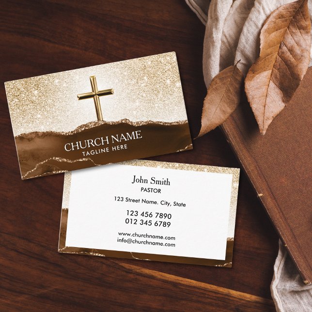 Christlicher Pastor der Kirche Deacon Visitenkarte (gold cross with brow agate mountains and glitter gold sky church business cards for deacon, bishop, )