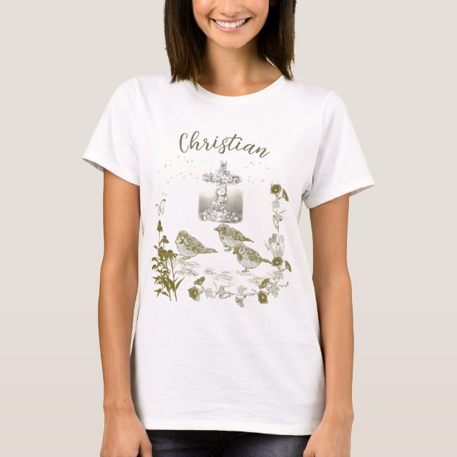 Christlicher T - Shirt Floral Cross mit Vögeln und (Vorderseite)