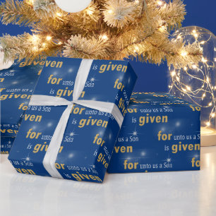 Christlicher Weihnachtstext auf blau Geschenkpapier
