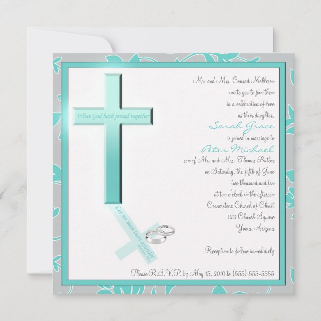 Christliches Aqua und Gray Square Hochzeit Einladu Einladung (Vorderseite)
