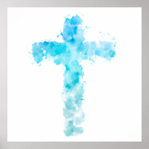 Christliches blaues Wasserfarbkreuz Poster