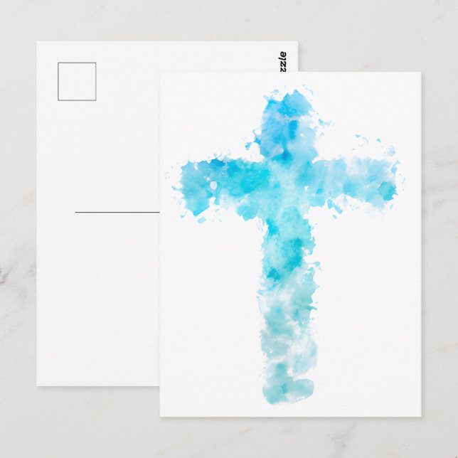 Christliches blaues Wasserfarbkreuz Postkarte (Vorne/Hinten)