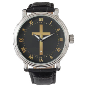 Christliches Cross-Gold in Schwarz Armbanduhr