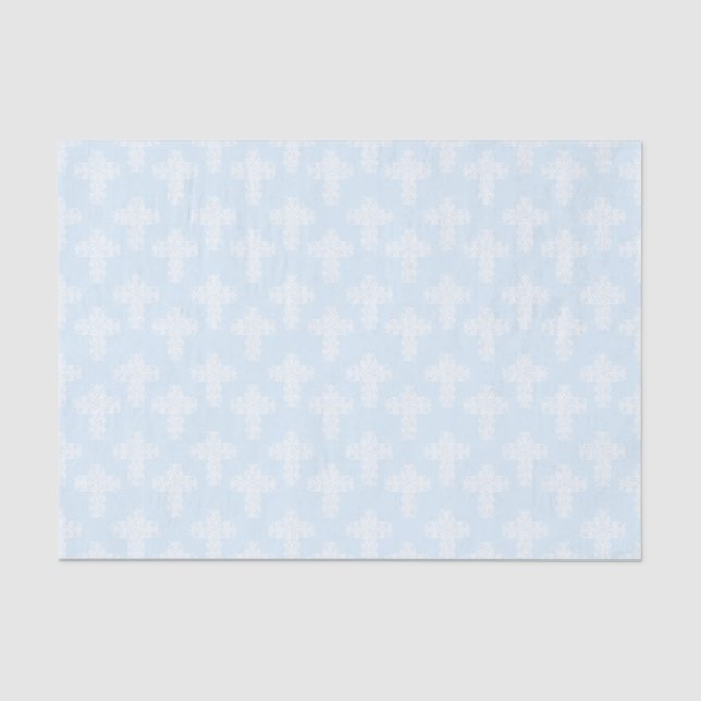 Christliches Cross-White auf blauem Damast-Muster Seidenpapier (Vorderseite)