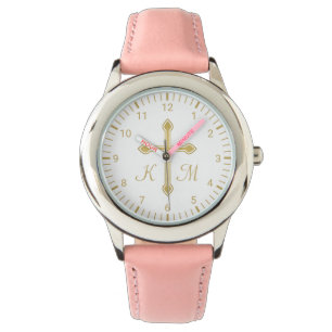 Christliches einfaches Goldkreuz auf Mit Monogramm Armbanduhr