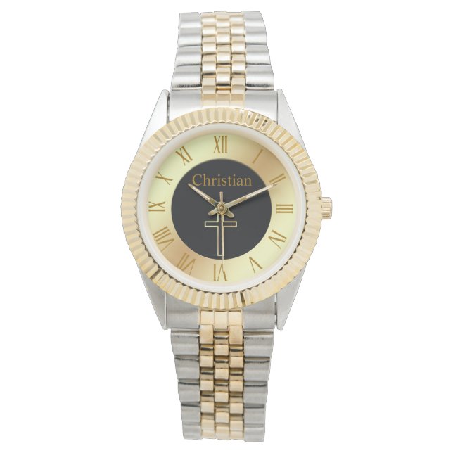 Christliches einfaches Goldkreuz auf Mit Monogramm Armbanduhr (Vorderseite)