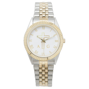 Christliches einfaches Goldkreuz auf Mit Monogramm Armbanduhr