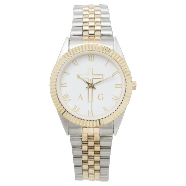 Christliches einfaches Goldkreuz auf Mit Monogramm Armbanduhr (Vorderseite)