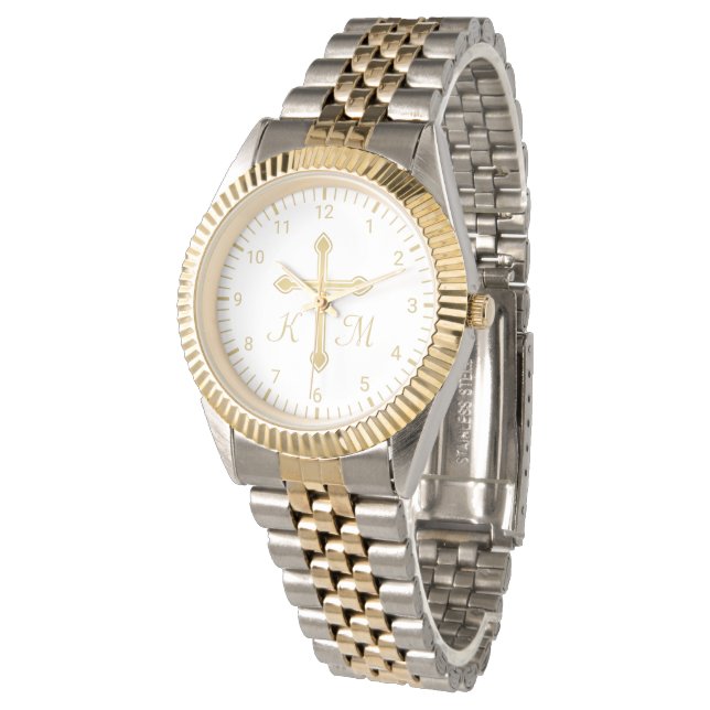 Christliches einfaches Goldkreuz Mit Monogramm Armbanduhr (Schrägansicht)