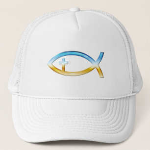 Christliches Fisch-Symbol mit Kruzifix - Himmel u. Truckerkappe