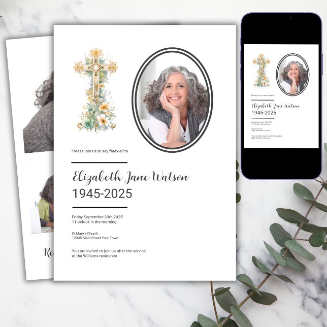 Christliches Foto zur Beerdigung durch Blumenkreuz Einladung (Von Creator hochgeladen)