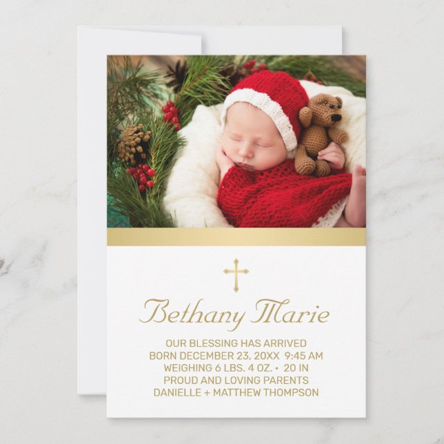 Christliches Gold Script Holiday Baby Birth Foto Ankündigung (Vorderseite)