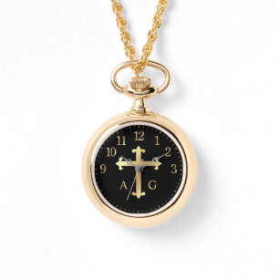 Christliches Goldkreuz auf Mit Monogramm Armbanduhr