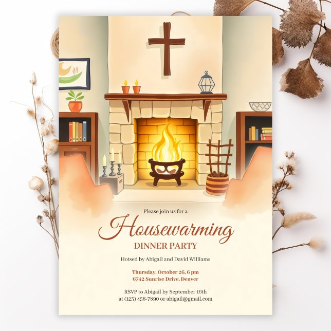 Christliches Haus Erwärmung Gemütlicher Kamin Aben Einladung (Christian Housewarming Invitation Cozy Fireplace Dinner Party Card Invitation)