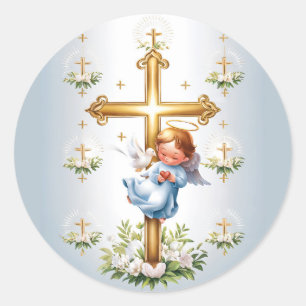 Christliches Heiligkreuz und Kupid Runder Aufkleber