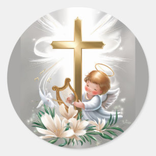 Christliches Heiligkreuz und Kupid Runder Aufkleber
