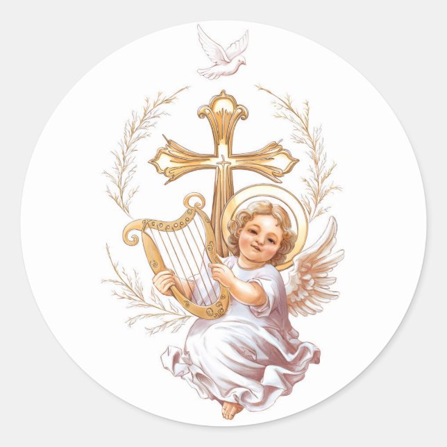 Christliches Heiligkreuz und Kupid Runder Aufkleber (Vorderseite)
