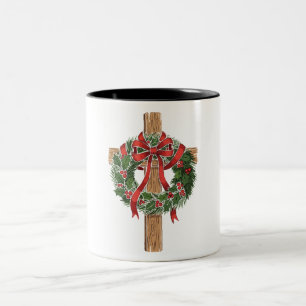 Christliches hölzernes Weihnachtskreuz mit Stechpa Zweifarbige Tasse