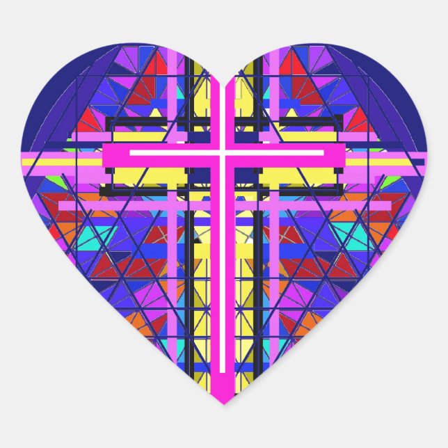 Christliches Kreuz aus festem Glas. Herz-Aufkleber (Vorderseite)