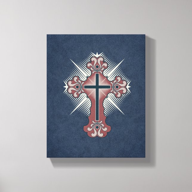 Christliches Kreuz geblüht blau und rot Leinwanddruck (Vorderseite)