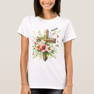 Christliches Kreuz hervorgehoben von floralem Früh T-Shirt