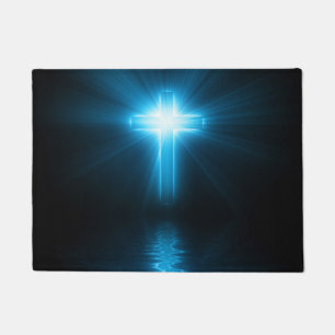 Christliches Kreuz im blauen Licht Fußmatte