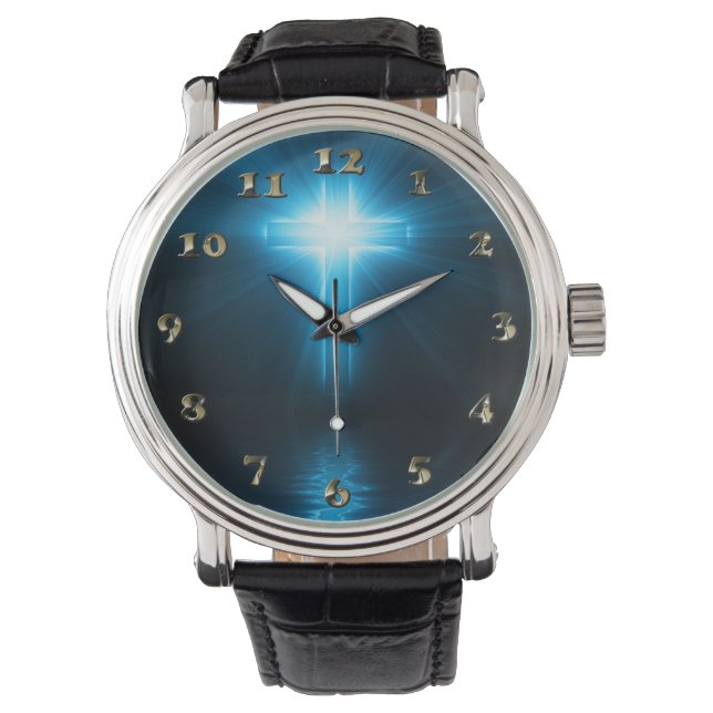 Christliches Kreuz in blauem Licht Armbanduhr (Vorderseite)