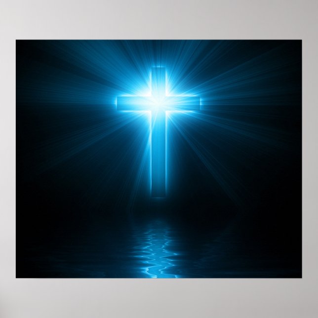 Christliches Kreuz in blauem Licht Poster (Vorne)