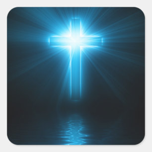 Christliches Kreuz in blauem Licht Quadratischer Aufkleber