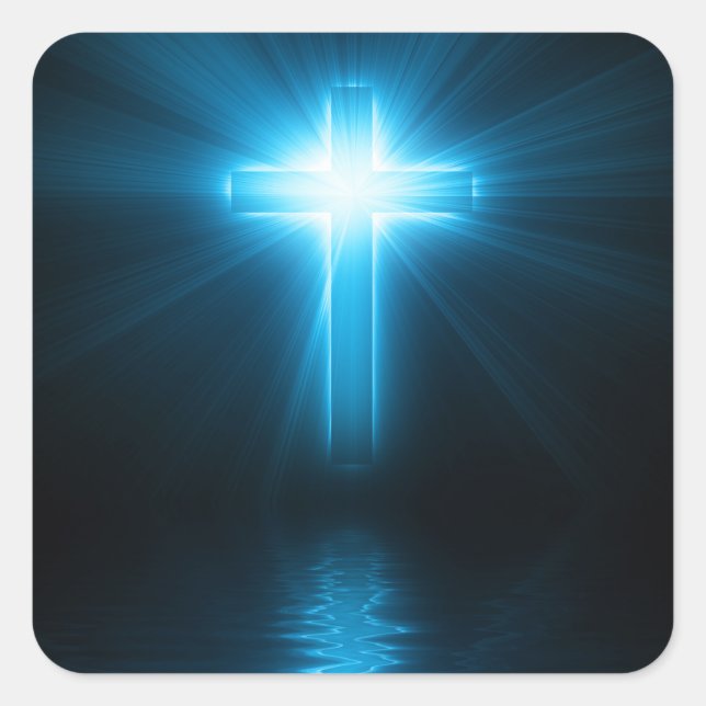 Christliches Kreuz in blauem Licht Quadratischer Aufkleber (Vorderseite)