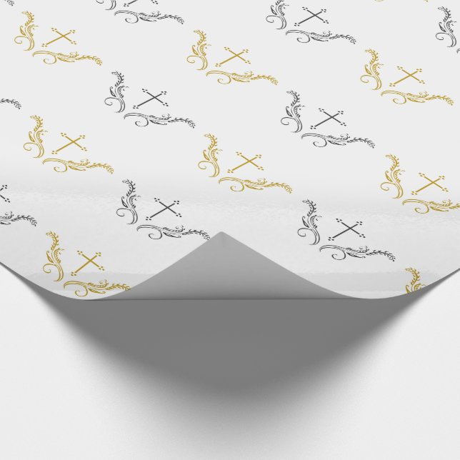 Christliches Kreuz mit Dekorationen Gold und Geschenkpapier (Ecke)