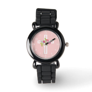 Christliches Kreuz mit den rosa Rosen mit Blumen Armbanduhr
