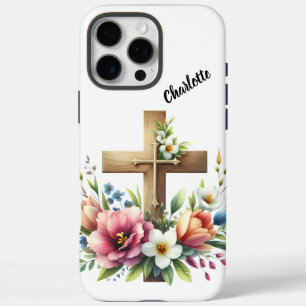 Christliches Kreuz mit lebendiger Blumengestaltung iPhone 16 Pro Max Hülle