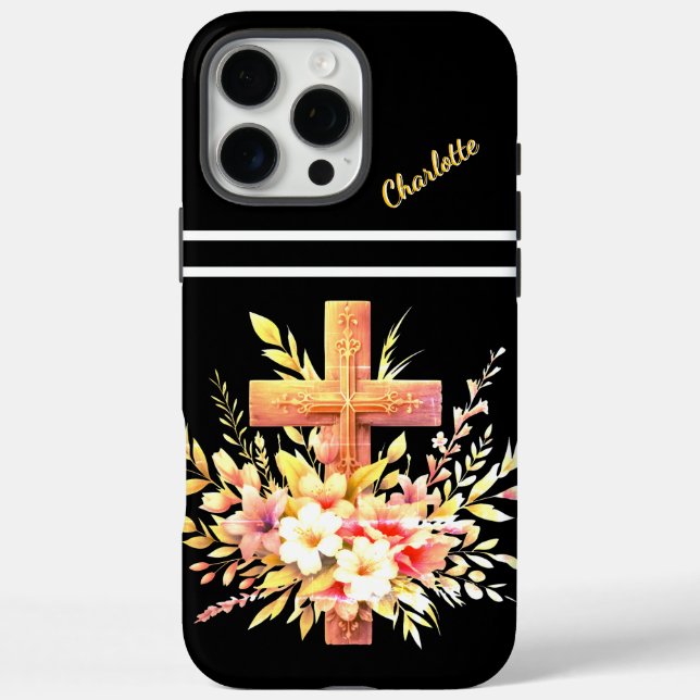 Christliches Kreuz mit lebhaften Frühlingsblüten iPhone 16 Pro Max Hülle (Rückseite)
