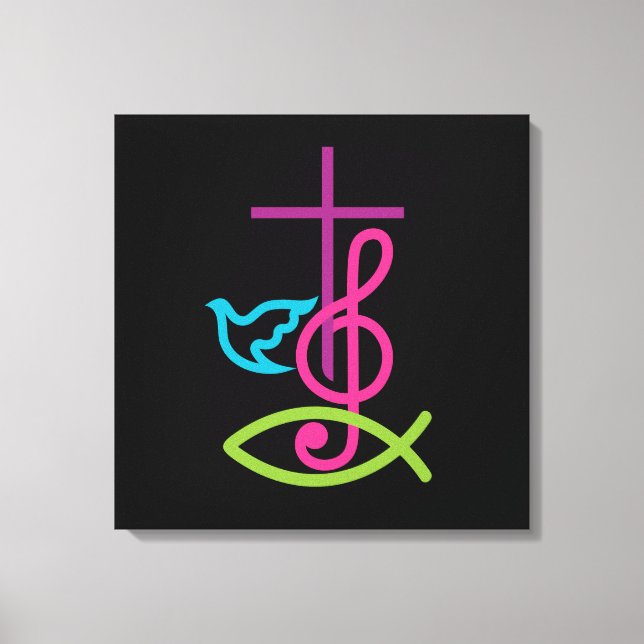 Christliches Kreuz mit Musiknote und Fisch Leinwanddruck (Vorderseite)