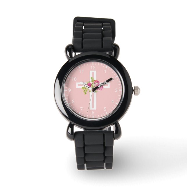 Christliches Kreuz mit rosa Rosen Armbanduhr (Vorderseite)