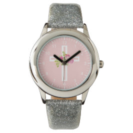 Christliches Kreuz mit rosa Rosen Armbanduhr