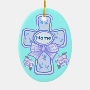Christliches Kreuz-Ornament mit blauem Band Keramik Ornament