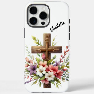 Christliches Kreuz umgeben von wunderschöner Blume iPhone 16 Pro Max Hülle