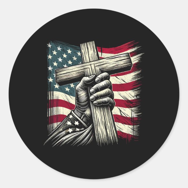 Christliches Kreuz und US-Flagge 4. Juli Jesus Runder Aufkleber (Vorderseite)