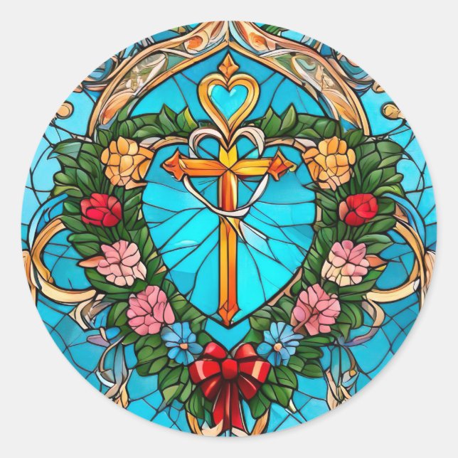 Christliches Kreuzglas Runder Aufkleber (Vorderseite)