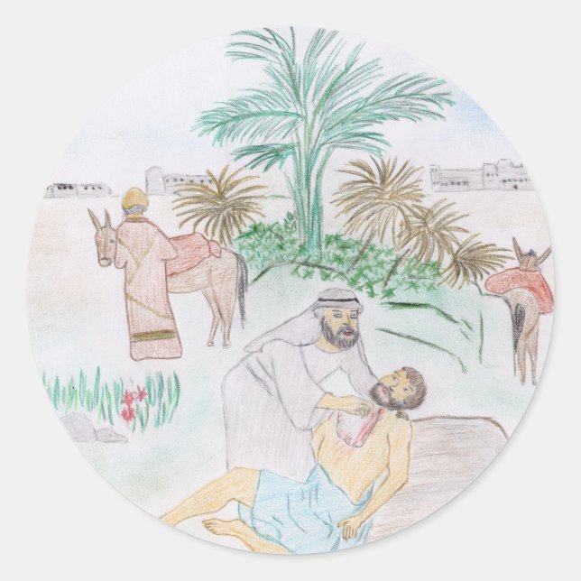 Christliches Kunstwerk Das gute Samariter Runder Aufkleber (Vorderseite)