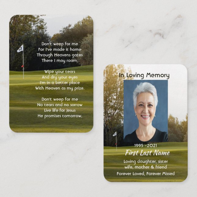 Christliches Memorial Foto Gedicht Golfer Golf Gol Visitenkarte (Vorne/Hinten)
