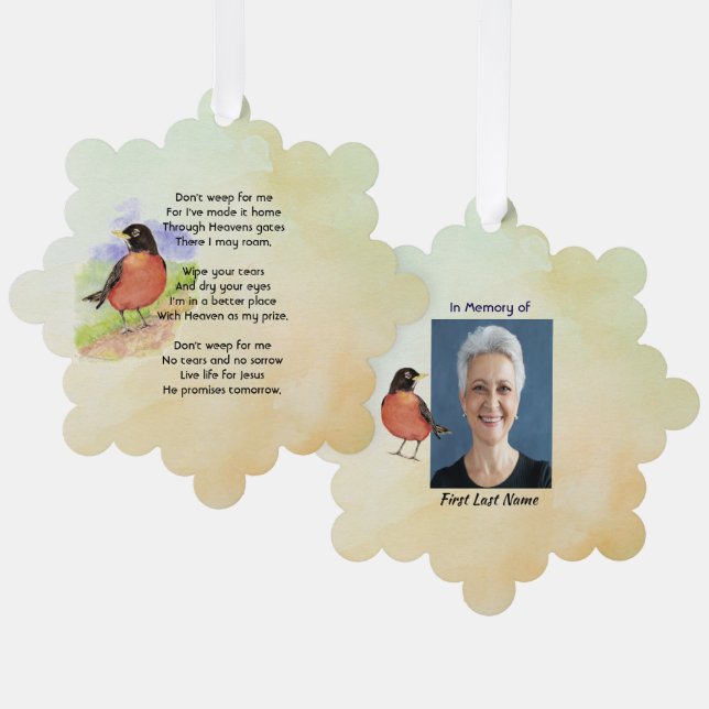 Christliches Memorial Foto Robin Garden Bird Ornament Karte (Vorderseite/Rückseite)