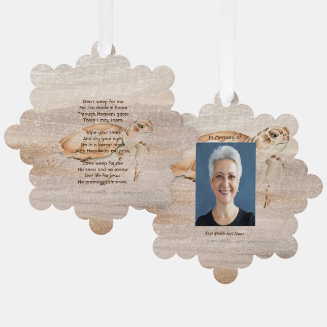Christliches Memorial Foto Sandy Beach Turtle Ornament Karte (Vorderseite/Rückseite)